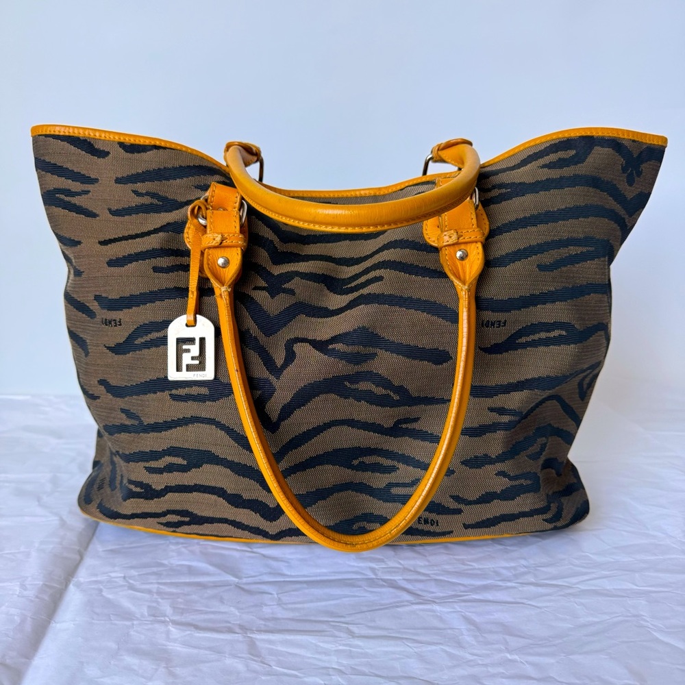 FENDI  copy  Zucca Tote with Zebra print Canvas Jacquard Leather Charm